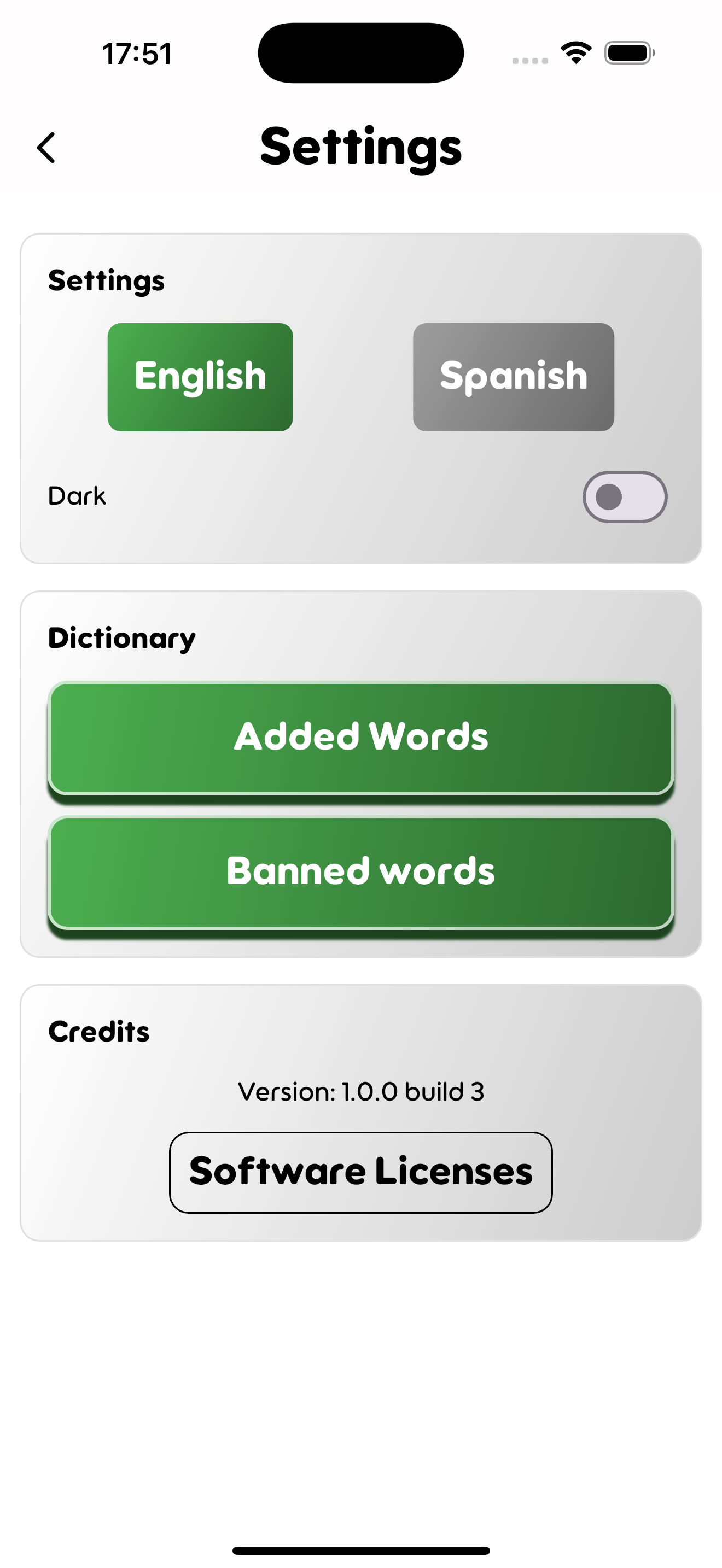 Settings screen